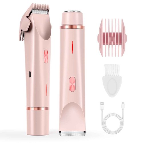 ANFOOS Women's Electric Shaver Bikini Trimmer for Women Razors 2-in-1 Dual Head Design IPX7 Waterproof Wet & Dry Use Body Groomer Hair Trimmer Remover for Facial Underarm Arm Face Leg Bikini (Pink)