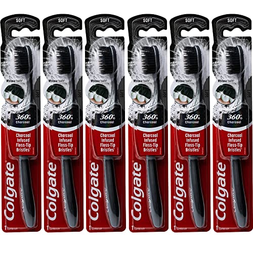 Colgate 360 Charcoal Infused Toothbrush, Floss-Tip Bristles, Soft (Colors Vary) - Pack of 6