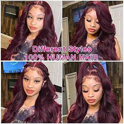 Burgundy Lace Front Wigs Human Hair Pre Plucked with Baby Hair Body Wave Lace Frontal Glueless Wigs Human Hair for Women 180% Density 13x4 Transparent HD Brazilian Virgin (26inch)