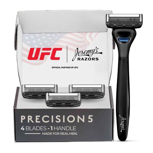 Jeremy's Razors for Men: Precision 5 Blade Razor - Stainless Steel Blades, Lubricating Strip, Precision Trimmer - Men's Shaving Kit, Travel Face Body Head Shavers (1 Razor 4 Cartridges)
