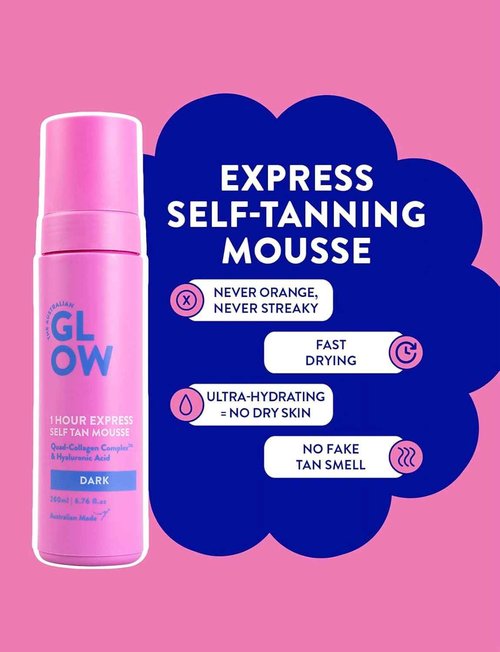 Australian Glow 1 Hour Express Self Tanning Mousse w/Quad-Collagen Complex & Hyaluronic Acid, DARK - 6.76 fl. oz / 200ml