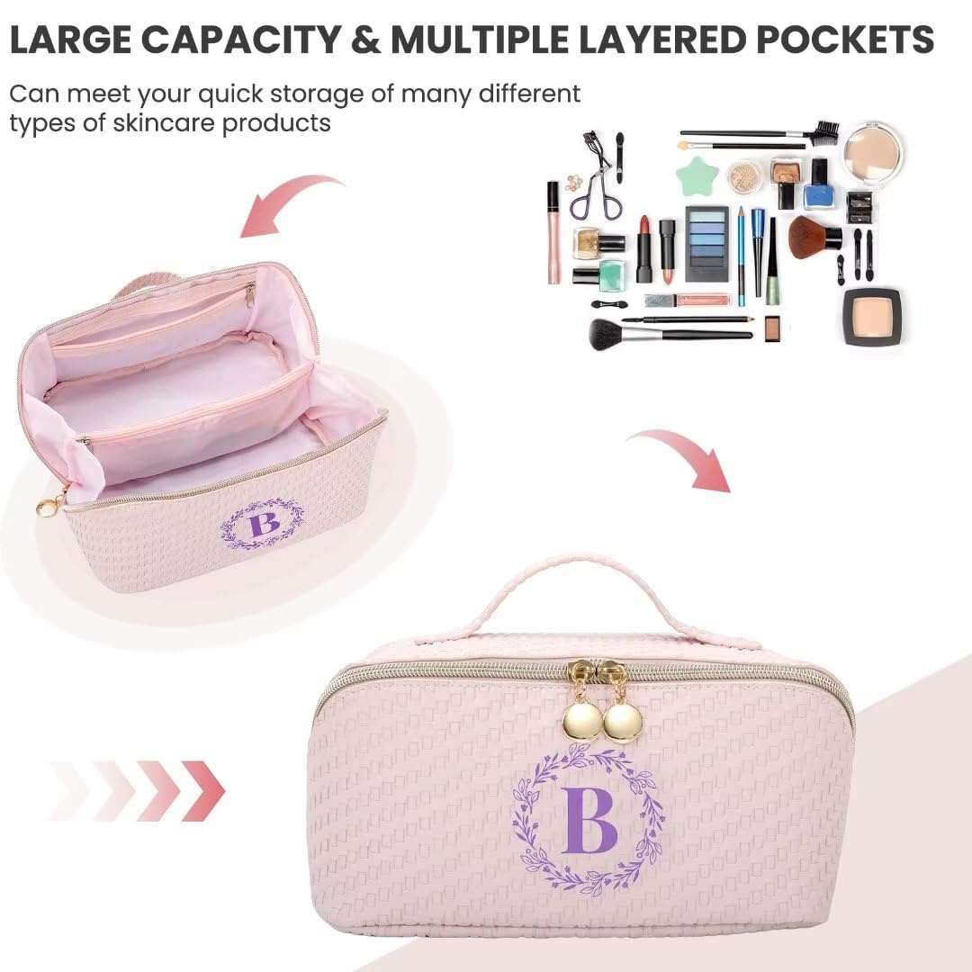 LUCKJOY Personalized Initial Makeup Bag for Women Letter Cosmetic Bag Large Capacity Travel Toiletry Bag Cute Pink Make Up Bag PU Leather Toiletry Pouch Birthday Gifts for Women Mom Bridesmaid- B