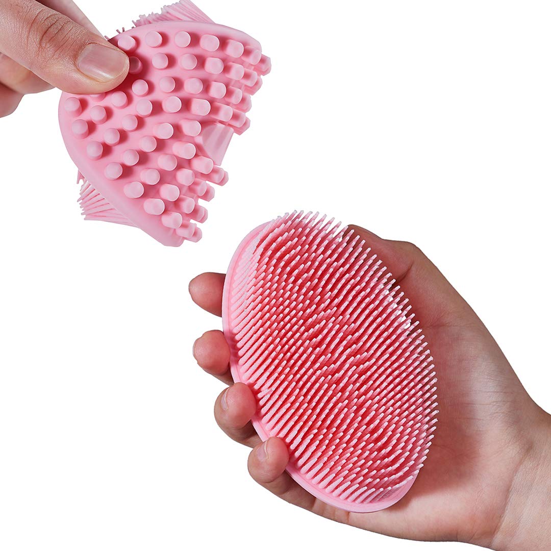 Exfoliating Silicone Body Scrubber 2 in 1 Silicone Shower Brush Natural Bristle Massager Bath Sponge Gentle Scrub Skin Exfoliation For Face and Body Massage Nubs Improve Blood Circulation Set of 2