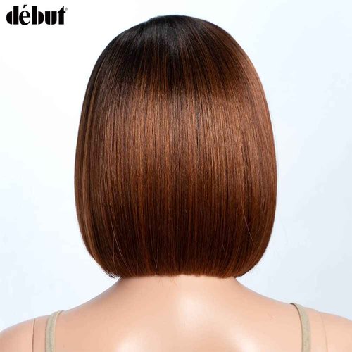 DÉBUT Asymmetrical Bob Wigs Ear to Ear Lace Front with Baby Hair Short Bob Simulated Scalp Lace Wig for Women Heat Resistant Fiber Synthetic Hair Side Parting Wig Highlight Ombre Brown Color