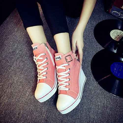 Women's Sneaker Shoes High Heel Fashionable Canvas Shoes High Tube Lace Up Wedge Edge Zipper Slope Angle Shoes Size 4-11