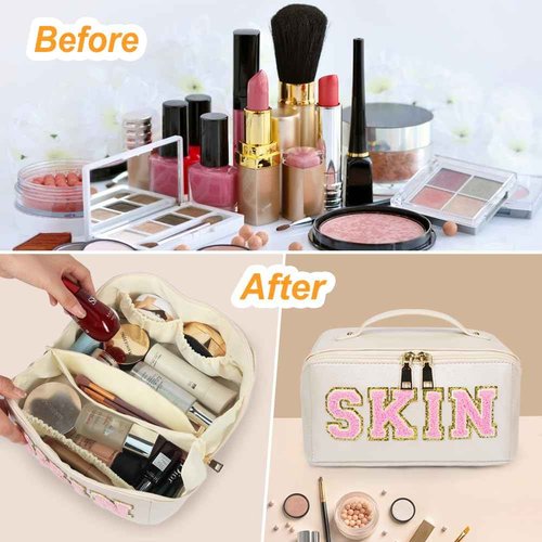 JOINDO Large Capacity Skincare Bag, Chenille Letter Preppy Makeup Bag, PU Leather Large Capacity Travel Cosmetic Bag with Divider and Handle, Gift for Women