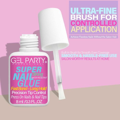 GELPARTY Brush-On Nail Glue 8ml – Easy Application Nail Adhesive for Press-On Nails, Tips & Extensions – Long-Lasting, Water-Resistant, Precision Brush
