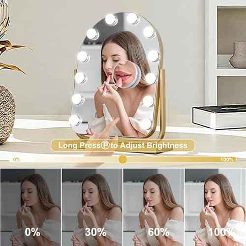 Vanity Mirror with Lights,17.3"¡¿13" Lighted Makeup Mirror with 12 Dimmable LED Bulbs,10X Magnification Smart Touch Control Hollywood Mirror with Lights,3 Colors Dimmable,360¡Æ Rotation (Gold)