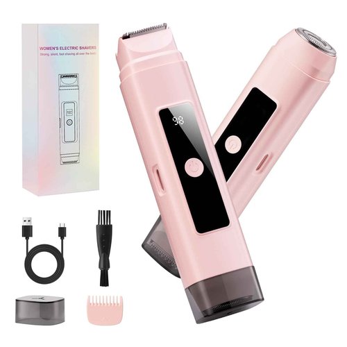 Bikini Trimmer for Women: 2-in-1 Electric Shaver with Digital Display,IPX7 Waterproof & Easy Cleaning& Travel Lock - Dual Head Trimmer for Underarms, Legs, Face (Pink)