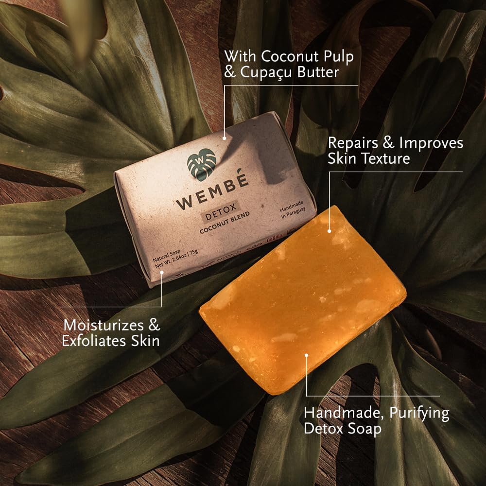 Wembé Soap Bar Handmade in Paraguay + Natural Essential Oils & Fruits - Detoxifying Coconut (2.64oz)