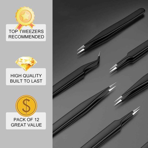 Antonki 12 Pack Precision Tweezers Set for Craft, Soldering, Jewelry, Facial Hair, Eyebrow, Ingrown Hair Removal, Eyelash Extension- with Case
