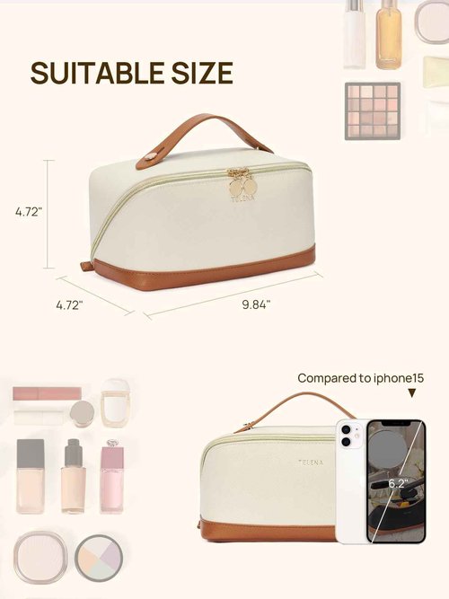 Telena Leather Make Up Bag Portable Travel Makeup Bag Waterproof Cosmetic Bags for Women Large Capacity With Handle and Divider Open Flat