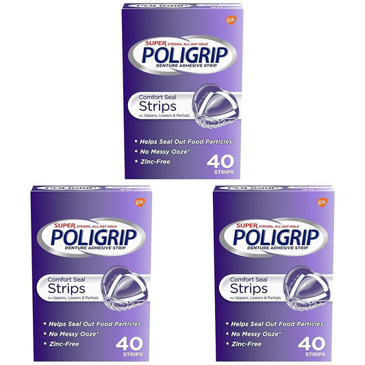 Super Poligrip Strips Size 40 Ct Poligrip Strong All Day Comfort Seal Denture Adhesive Strips (Pack of 3)