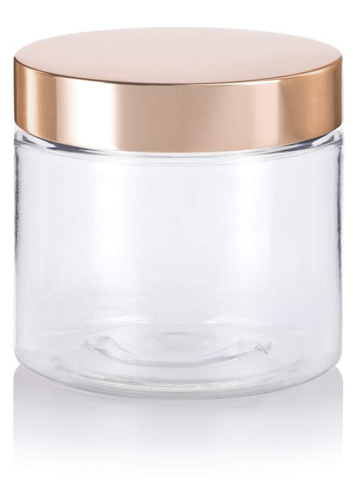 JUVITUS 4 oz / 120 ml Clear PET Plastic (BPA Free) Refillable Jar with Gold Metal Overshell Lid (6 Pack) + Spatulas
