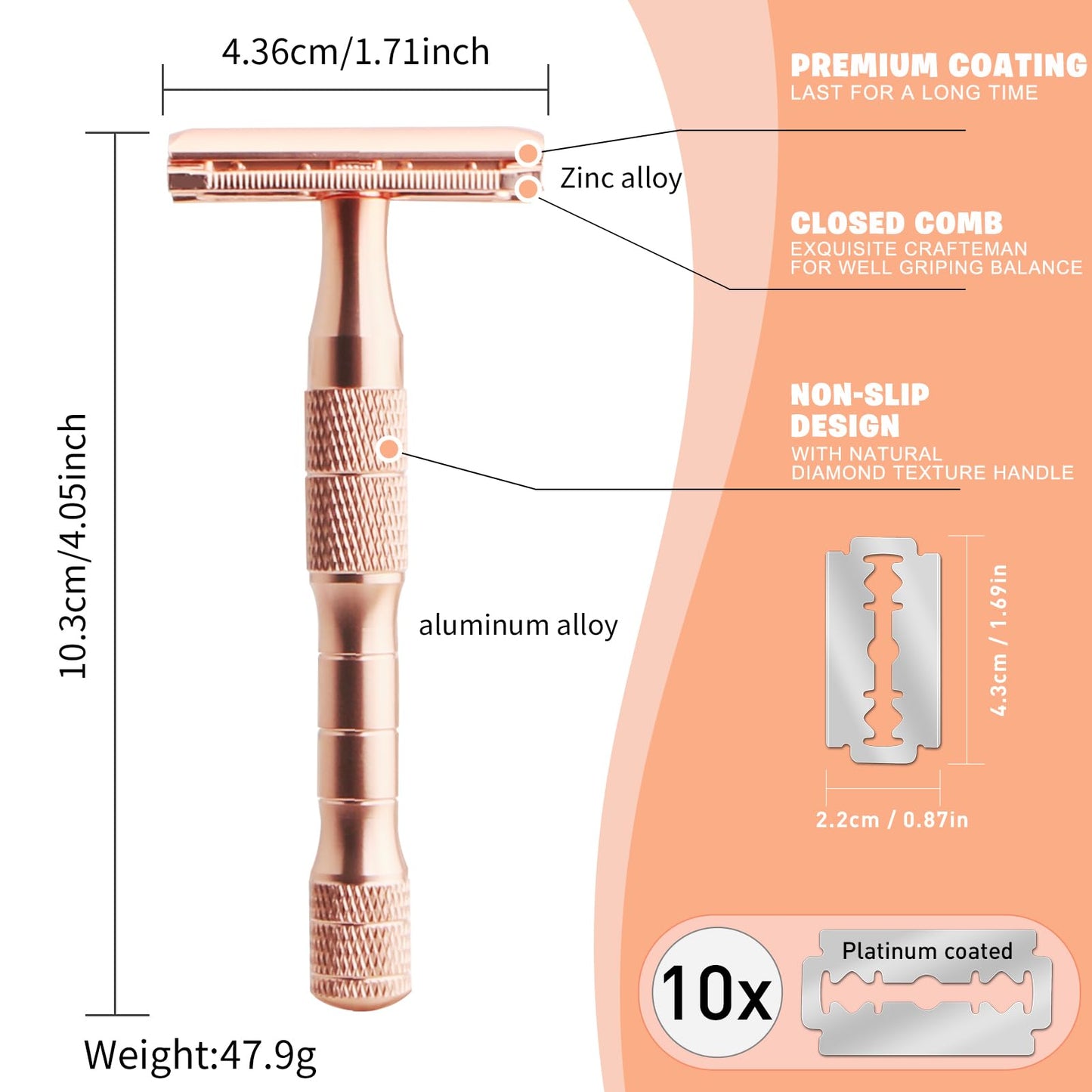 Safety Razor for Women and Men, Single Blade Razors for Men and Women, Reusable Metal Razors, with 10 Platinum Coated Safety Razor Blades, Face Razors for Men Shaving, Sustainable, Rose Gold