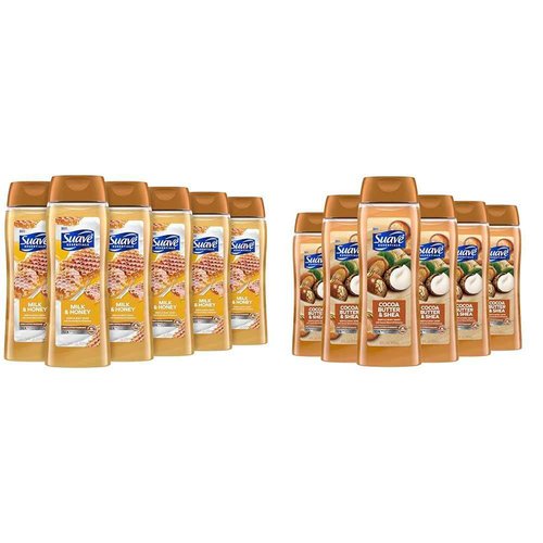 Suave Essentials Body Wash Bundle with Milk & Honey and Cocoa Butter Scents, 18 Oz Packs of 6
