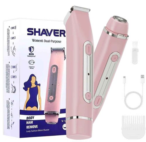 2-in-1 Electric Bikini Trimmer & Facial Shaver for Women, Painless Hair Removal with Ceramic Blades, IPX7 Waterproof Cordless Razor for Shower Use, Type-C Fast Charging, Gift for Women(Pink)