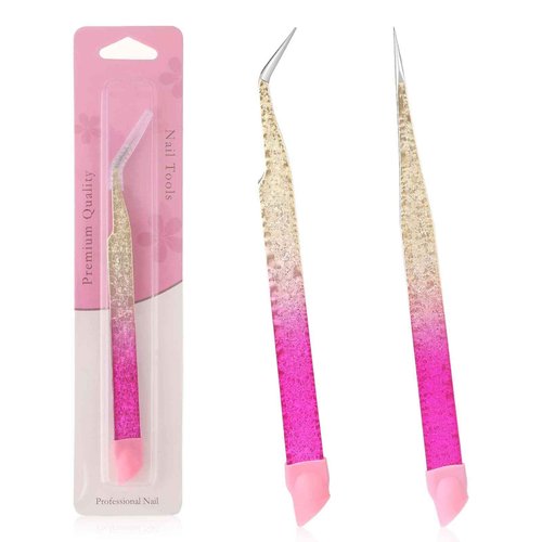 Jeffdad 2 Pcs Nail Art Tweezers with Straight & Curved Tips, Silicone Pressing Head for Nail Crafts