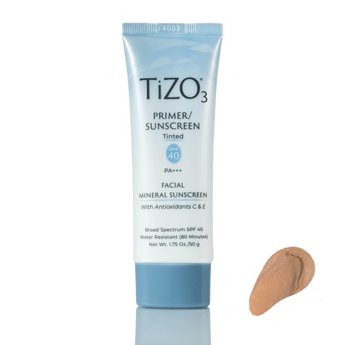 TiZO3 Facial Mineral Sunscreen and Primer, Tinted Broad Spectrum SPF 40 with Antioxidants, Sheer matte finish, Fragrance-Free, Oil-Free, Dermatologist-recommended, PA+++ 1.75 oz