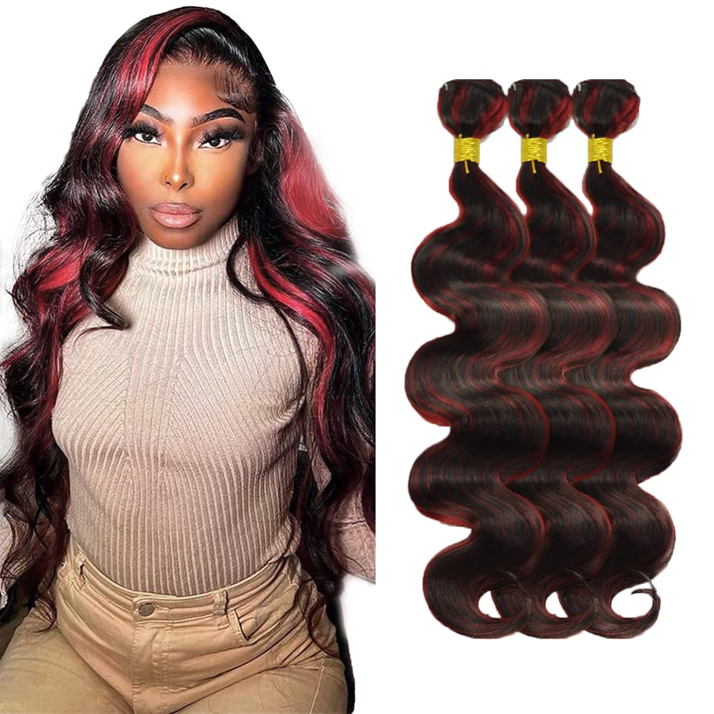 P1B/99J Bundles Burgundy Body Wave Human Hair Bundles Brazilian Two Tone Black Mixed With Burgundy Bundles Human Hair Unprocessed Virgin Hair 3 Bundles 8 10 12 Inch #99j Bundles