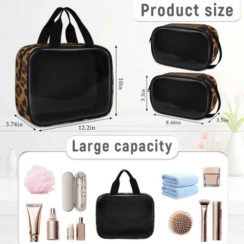 PATTERNFUL Clear Makeup Bag for Women Men, 3Pcs Transparent Cosmetic Bags Waterpoof Toiletries Set Portable Toiletry Bags with Zipper for Travel Bathroom(Leopard)