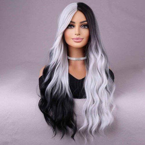 MAGQOO Black White Wig for Women Long Curly Wavy Black White Wig Middle Part Synthetic Heat Resistant Halloween Cosplay Costume Party Wig