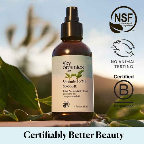 Sky Organics Vitamin E Oil Blend for Face, Organic Antioxidant Facial Oil, 30,000 IUs to Deliver Reparative Moisture and Soothe Dry, Damaged Skin, 100% Pure & Cold-Pressed, 3.97 fl oz, 117 ml