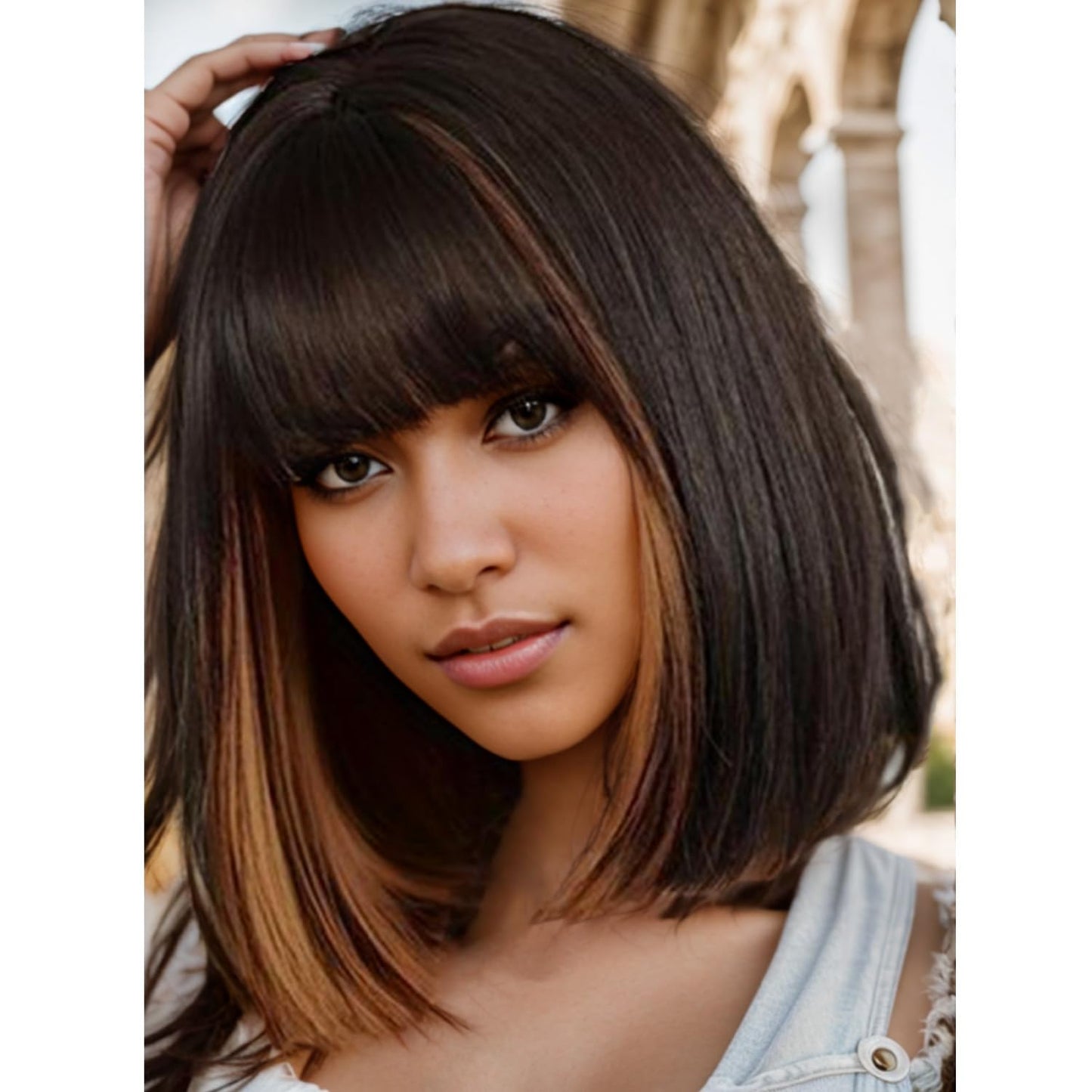 YYHR BLunt Cut Bob Wig With Bangs 14" Peek-a-boo Color Black Mix Brown Yaki Straight Synthetic Hair Wigs For Black Women, Shoulder Length Synthetic Hair Replacement Wigs (14 Inch,S1B/30)