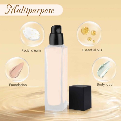 BOSMIOW 4Pcs 60ml/2oz Frosted Glass Liquid Foundation Bottle,Clear Square Lotion Pump Bottles,Matte Glass Cosmetic Cream Dispenser Bottle,Travel Essential Oils Emulsion Essence Container