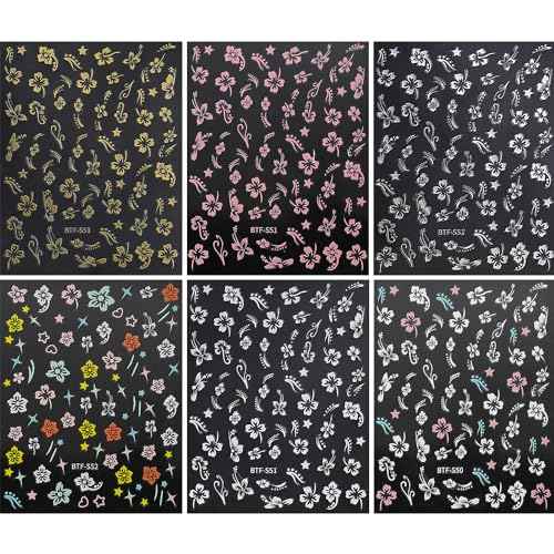 Flower Nail Stickers, Hibiscus Nail Decals 3D Self-Adhesive White Pink Gold Flower Pattern Summer Hibiscus Nail Design Manicure Tropical Accessories for Women Girls(6Sheets)