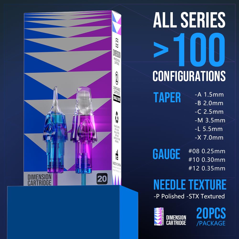 CNC Tattoo Cartridge Needles 20Pcs #12(1RL) Standard 0.35mm Round Liner X-Taper Disposable Cartridges with Membrane EN04B-20-1201RL-X