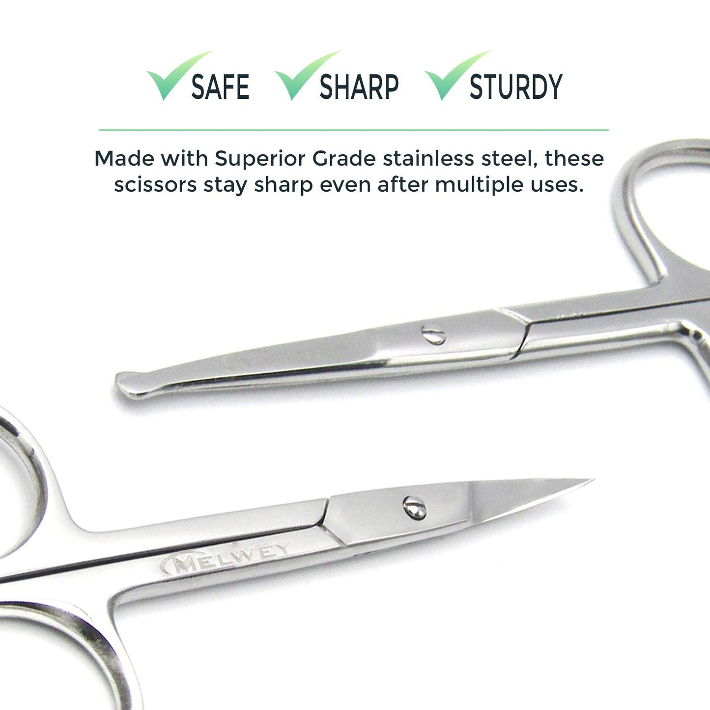 Melwey Pack of 2 Curved & Rounded Blunt Tip TSA Stainless Steel Small Scissors for Eyebrows & Eyelashes, Scissors for Beard Trimming & Moustache, Baby Scissors for Nails, Nose & Facial Hair Scissors.