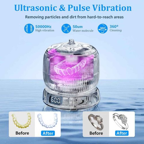50kHz Ultrasonic Retainer Cleaner Machine for Travel & Home, Portable Denture Cleaner with Removable Base, 4 Modes Timer, Dental Cleaning Pod for Aligners, Braces, Mouth Guard, Jewelry, Toothbrush