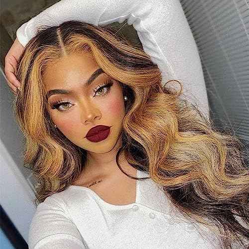 Body Wave Style Highlight Ombre Lace Frontal Wig Human Hair Wigs #4/27 Brown with Honey Blonde Color for Black Women Pre Plucked Hairline 180% Density (24inch, 13x6 Lace Front Wig)