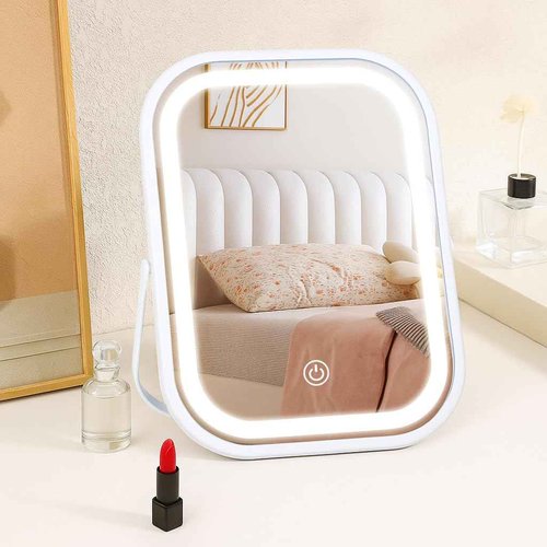Leadzones Rechargeable Desk Vanity Makeup Mirror with Lights,8x6 Inch Folding Portable Mirror with Metal Stand Adjustable Rotation,Tavel Make Up Mirror for Table