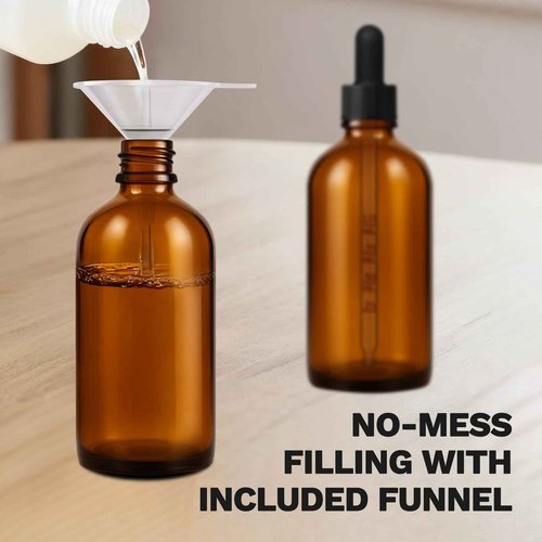 Bumobum 100ml Dropper Bottle, Amber Glass Dropper Bottle with Glass Measured Dropper, 3.4oz Empty Eye Tincture Bottles with Funnel, Pipette & Labels for Essential Hair Oils Serums, 4 Pack