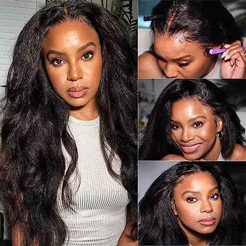 Kinky Straight Wig Human Hair 14 inch Glueless Kinky Straight 13x4 Lace Front Wig Pre Plucked HairLine with Baby Hair 180% Density Yaki Straight Wigs Natural Black Color