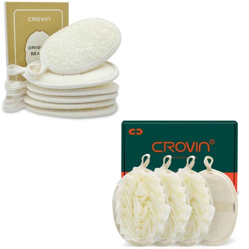 CROVIN Loofah sponge 6 Pack & Shower puff 4 Pack Bath Shower Loofah Scrubbers Perfect for Men and Women’s SPA Pouf (total 10 Pack)