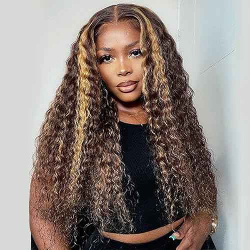 Chesma 28inch Highlight Ombre Lace Front Wig Human Hair 13x4 HD Honey Blonde 4/27 Deep Wave Lace Frontal Wigs Glueless Wigs 180 Density