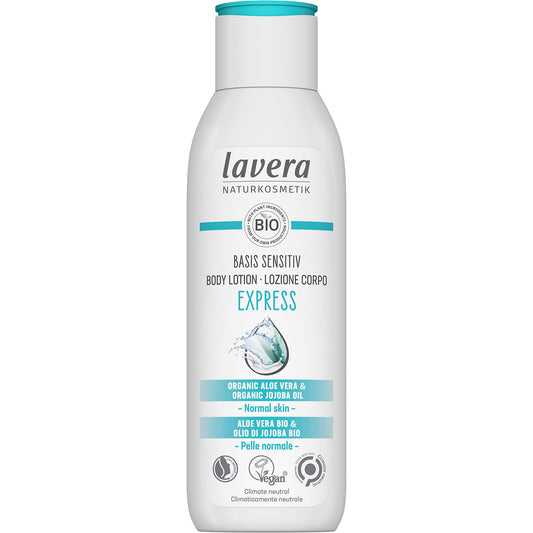 lavera basis sensitiv Body Lotion Express - organic aloe vera & jojoba oil – deep moisture & long lasting care - 24h moisturizing care - PETA certified - vegan - natural cosmetics - 8,45 fl.oz.