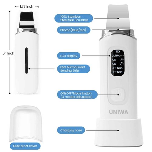 UNIWA Skin Scrubber Face Spatula, Skin Scrubber Pore Cleaner Blackhead Remover Tool for Deep Facial Cleansing - 4 Modes, Face Spatula with USB Charger, LCD Display, IPX7 Waterproof - White