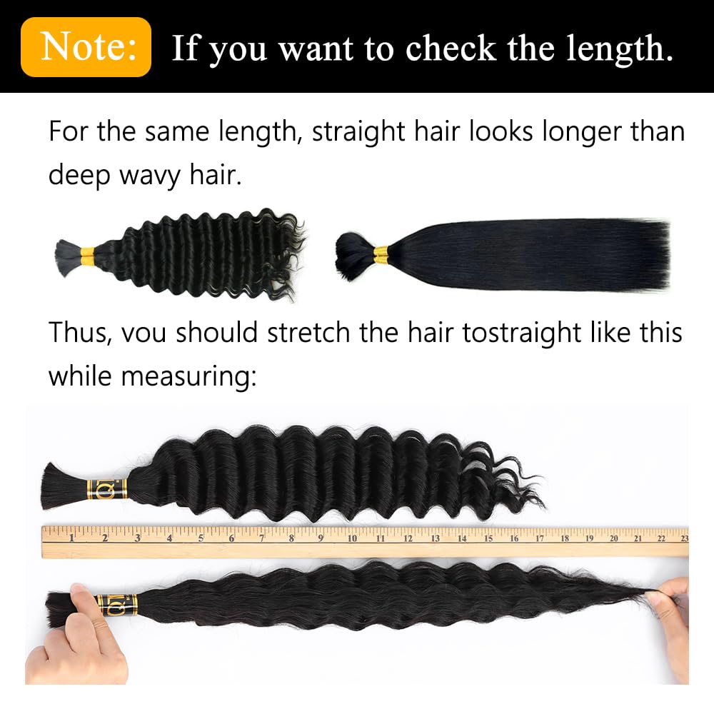 QTHAIR Deep Wave Bulk Human Hair For Braiding No Weft (24"#1 Jet Black) 16A 100% Unprocessed Brazilian Deep Wave Human Hair Virgin Hair Extensions Two Bundles Micro Braiding