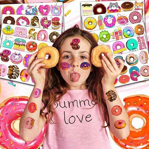 96PCS Donut Temporary Tattoos ? Doughnut Themed Two Sweet or Donut Grow Up Birthday Party Decorations, Favors, and Supplies for Kids Boys Girls, Cute Stickers, School Prizes and Rewards