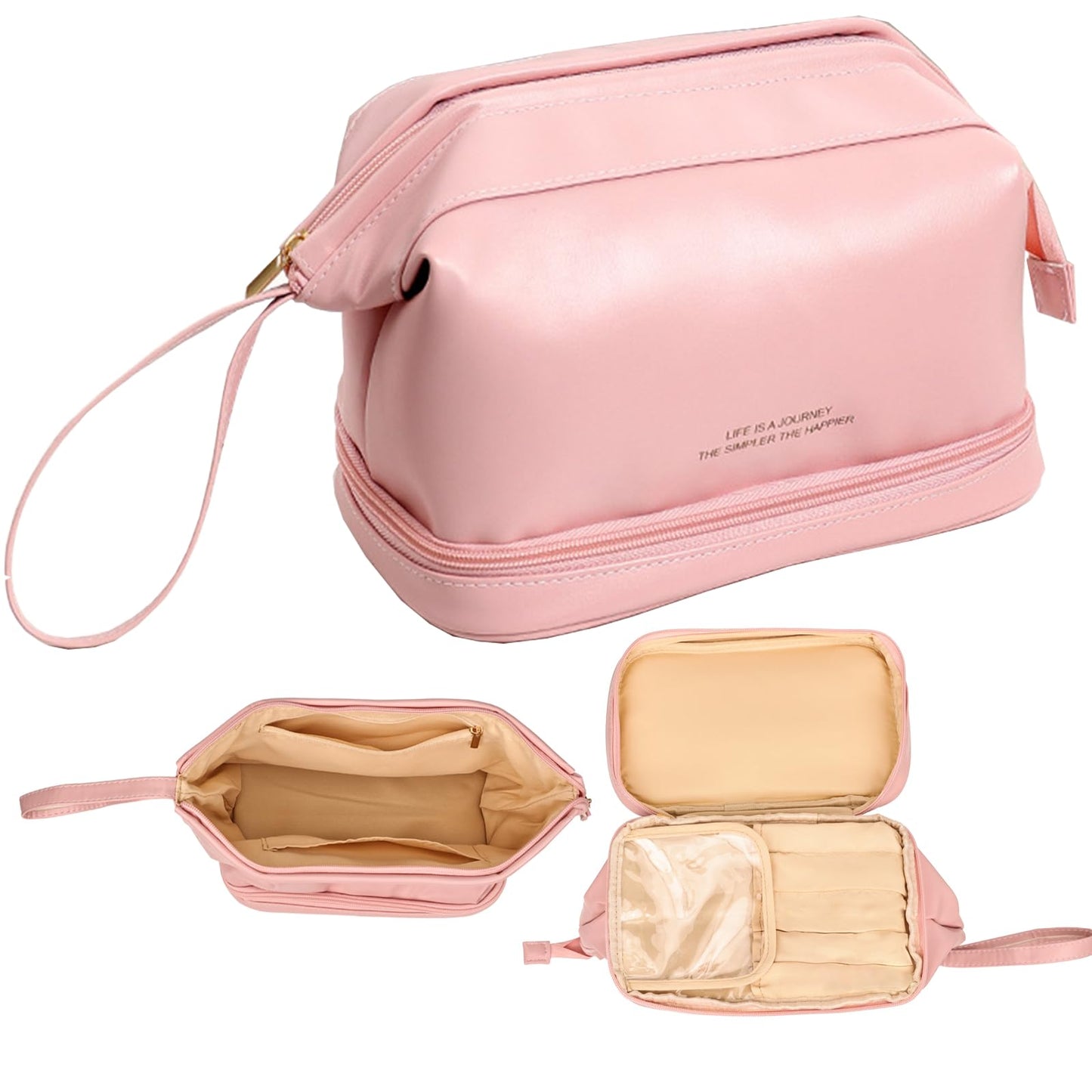 AUSEKALY Makeup Bag Travel Cosmetic Bag Double Layer Leather Toiletry Bag With Brush Bag For Women Girl High Capacity Make Up Bag Portable Waterproof Makeup Pouch Pink