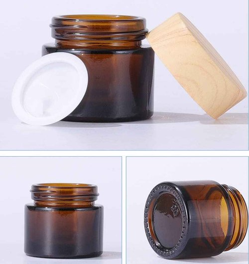 4Pack 50g Amber Glass Cosmetic Jars, Empty Sample Containers with Wood Grain Lids for Lotion, Lip Balm, Eye Cream, Scrubs, Oils, Salves, Ointments (Brown)