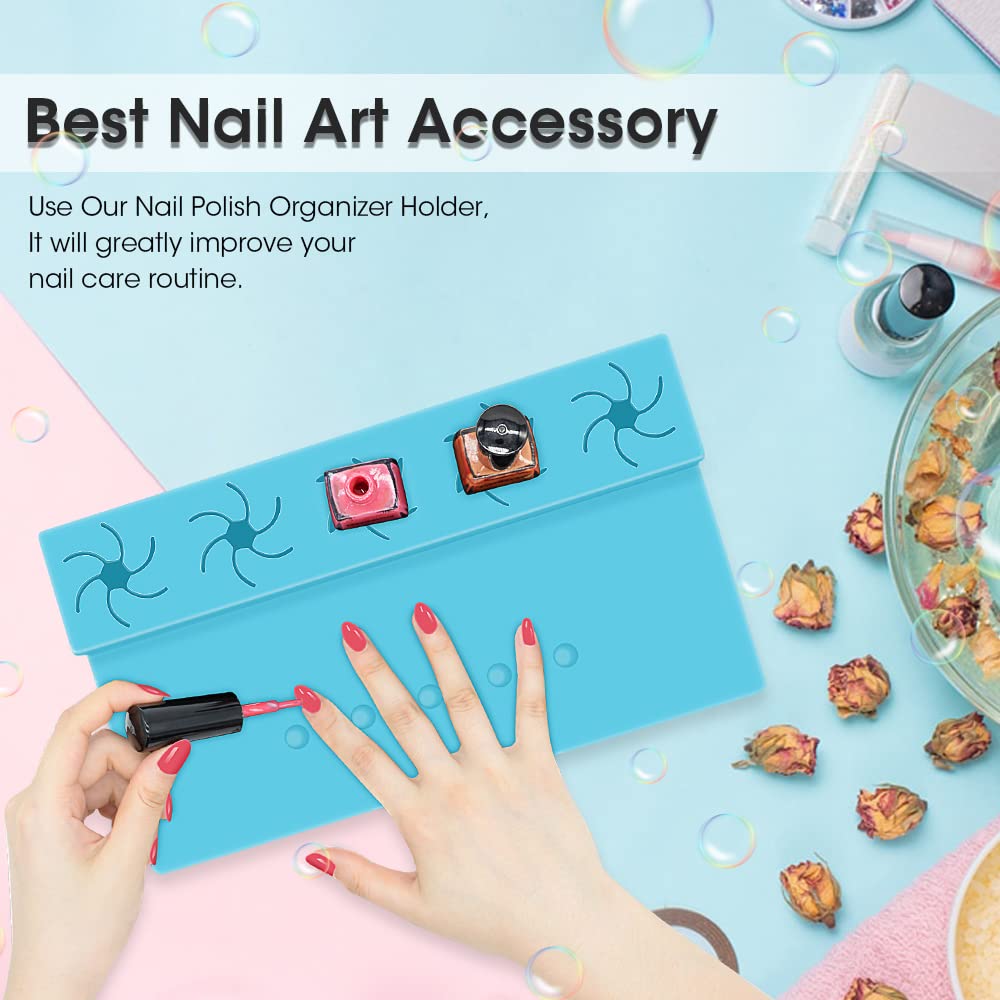 Nail Polish Holder 2 in 1 Silicone Fingernail Painting Tools Nails Art Accessories Organizer Case Set Hand Rest Mat with Anti-Spill Bottle Stand and Finger Separators for Pedicure Manicure (Blue)