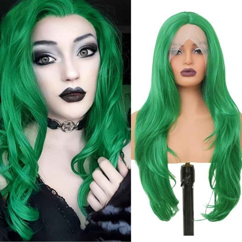 Siudus Green Lace Front Wigs for Women Long Curly Middle Part Wig Wavy Cosplay Heat Resistant Fibre Hair Wig for Halloween Costume Party Use