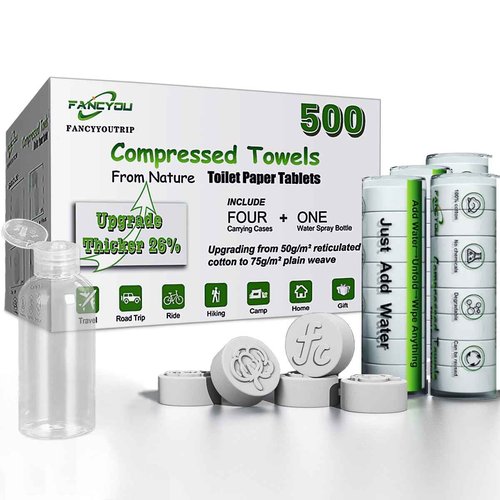 Fancyou Compressed Coin Tissue for Travel 500 Pcs with 4 Carry Cases, Thicken 100% Cotton Disposable Face Cloths, Compact Mini Portable Facial Towel Disposable Washcloth for Camping Home Beauty Office