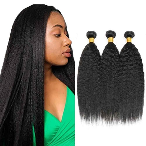 Human Hair Bundles Kinky Straight Bundles 16 18 20 Inch Unprocessed Brazilian Virgin Hair Weave 3 Bundles Yaki Straight Human Hair Extensions 50 Grams Per Bundle #1B Natural Color Bundle
