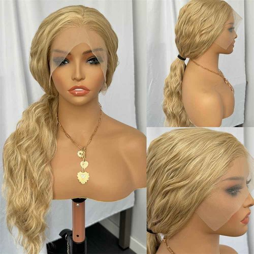 RDY Ash Blonde Long Body Wave Lace Front Synthetic Wig 24inch Mix Blonde Loose Wavy Lace Front Wigs for Women Heat Fiber Hair Half Hand Tied Cosplay Daily Use Wig